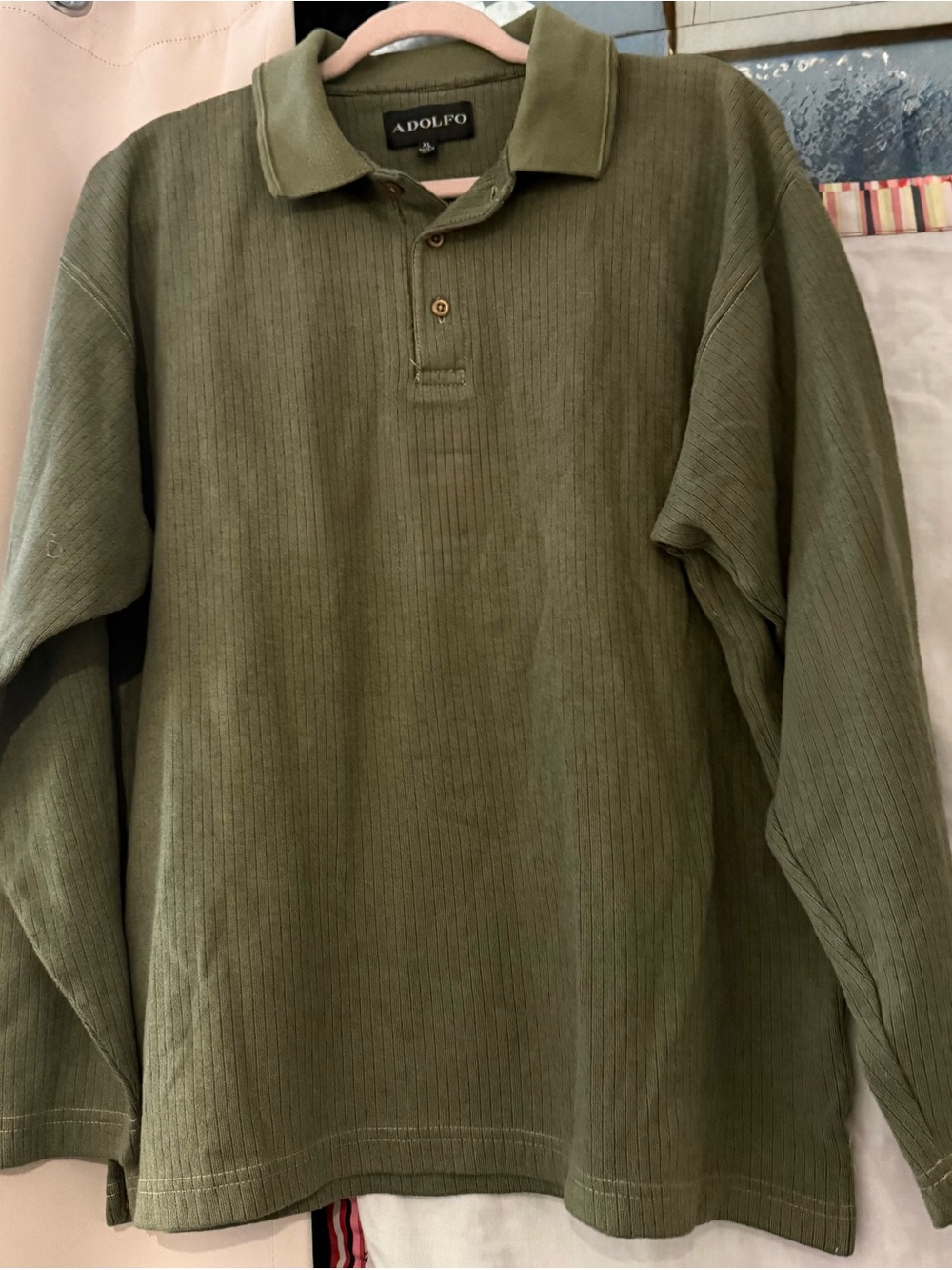 Adolfo Men's Olive Green Long-Sleeve Polo Shirt